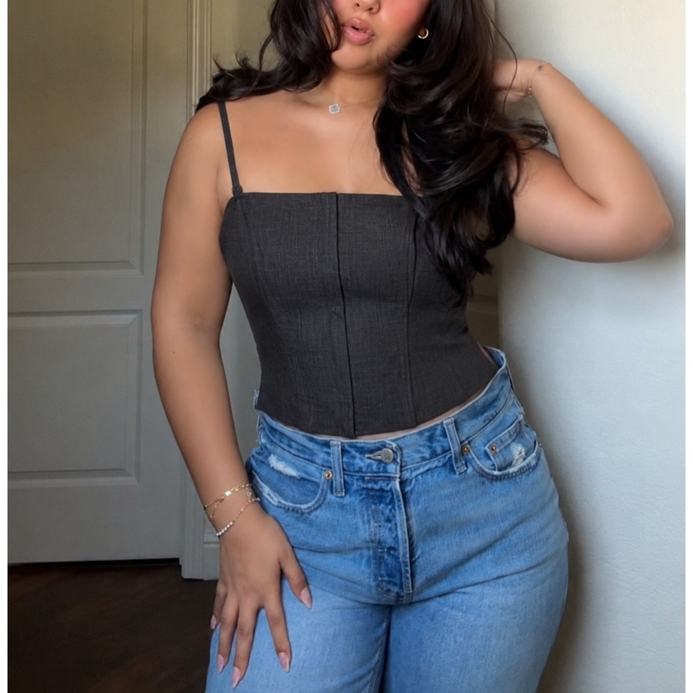 Guess Vintage Strapless Corset Top Sz 12 Dark Gray Y2K 90s Office Siren Noir